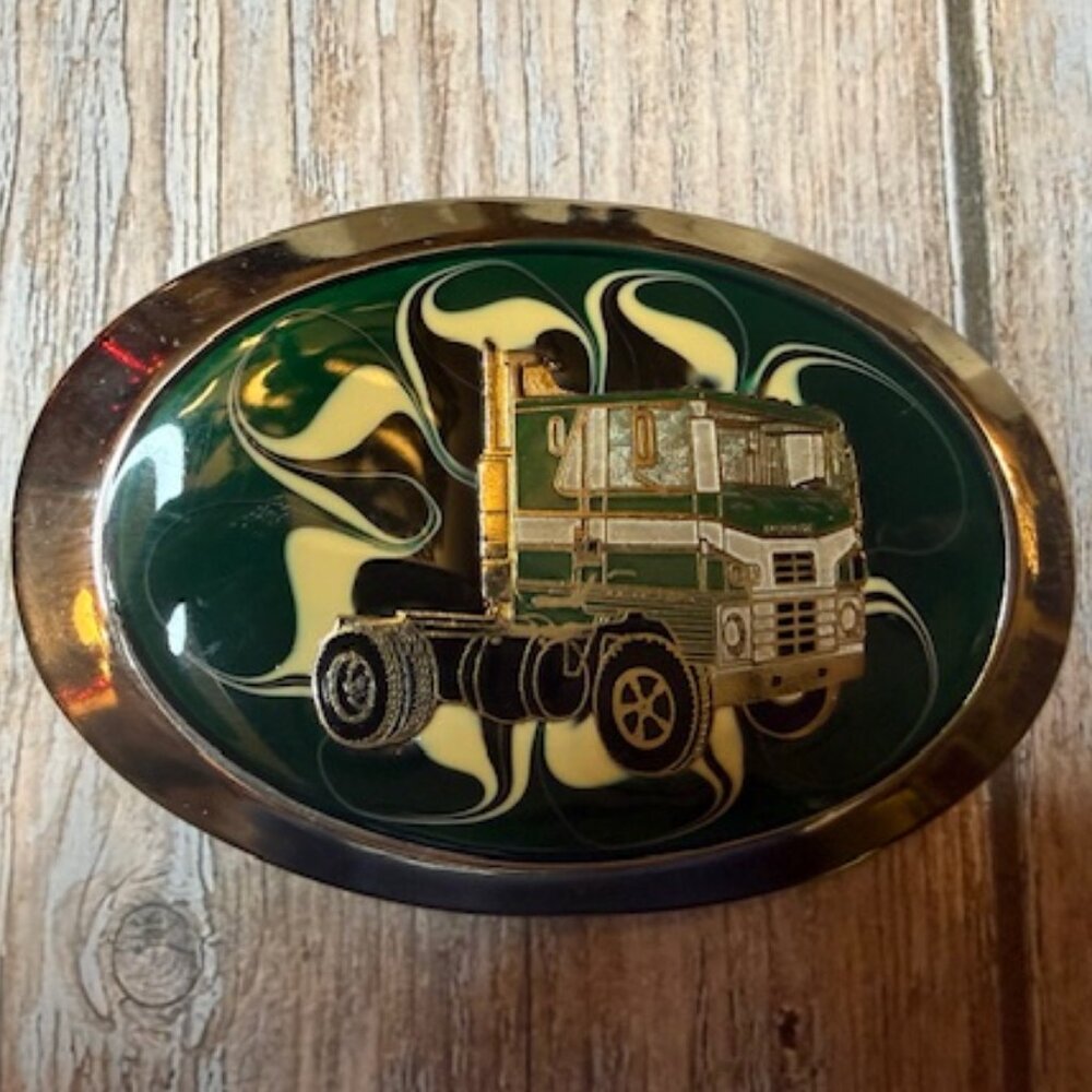 Vintage Epoxy Belt Buckle – Cab-Over Semi Truck – New Old Stock – 1980s
